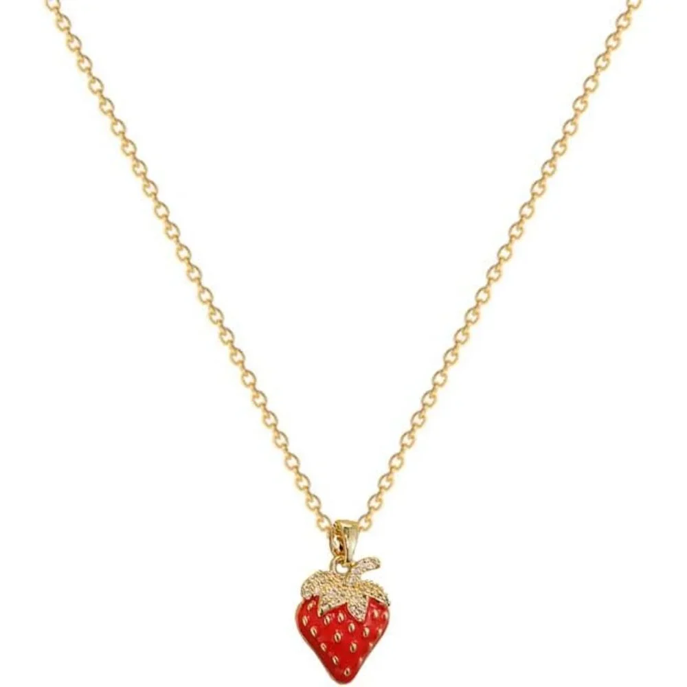 Red Strawberry Pendant Necklace for Women,14K Gold Sparkling Rhinestone Dripping
